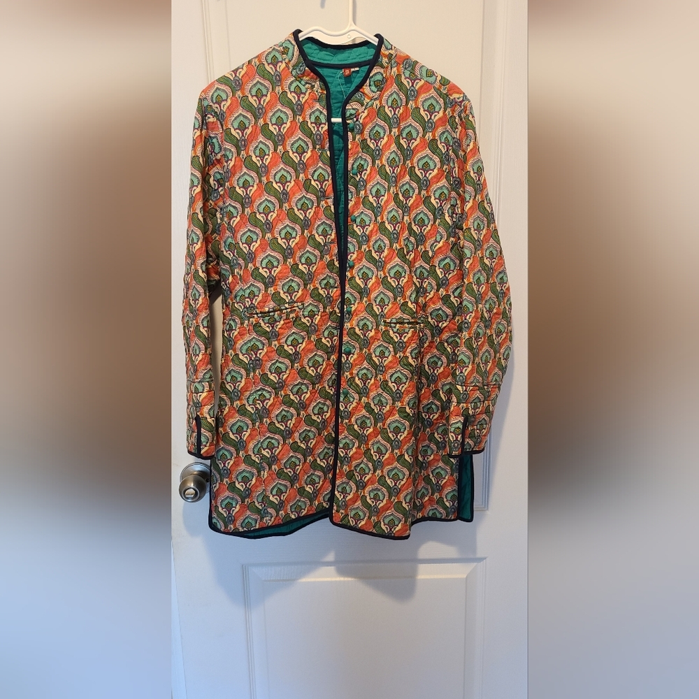 Anokhi Quilted Jacket in Teal, Orange & Cream 100% Cotton with block print.